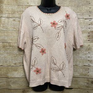 Alfred Dunner Sweater Size XL Tan Beaded Embroidered Flowers Brown Orange